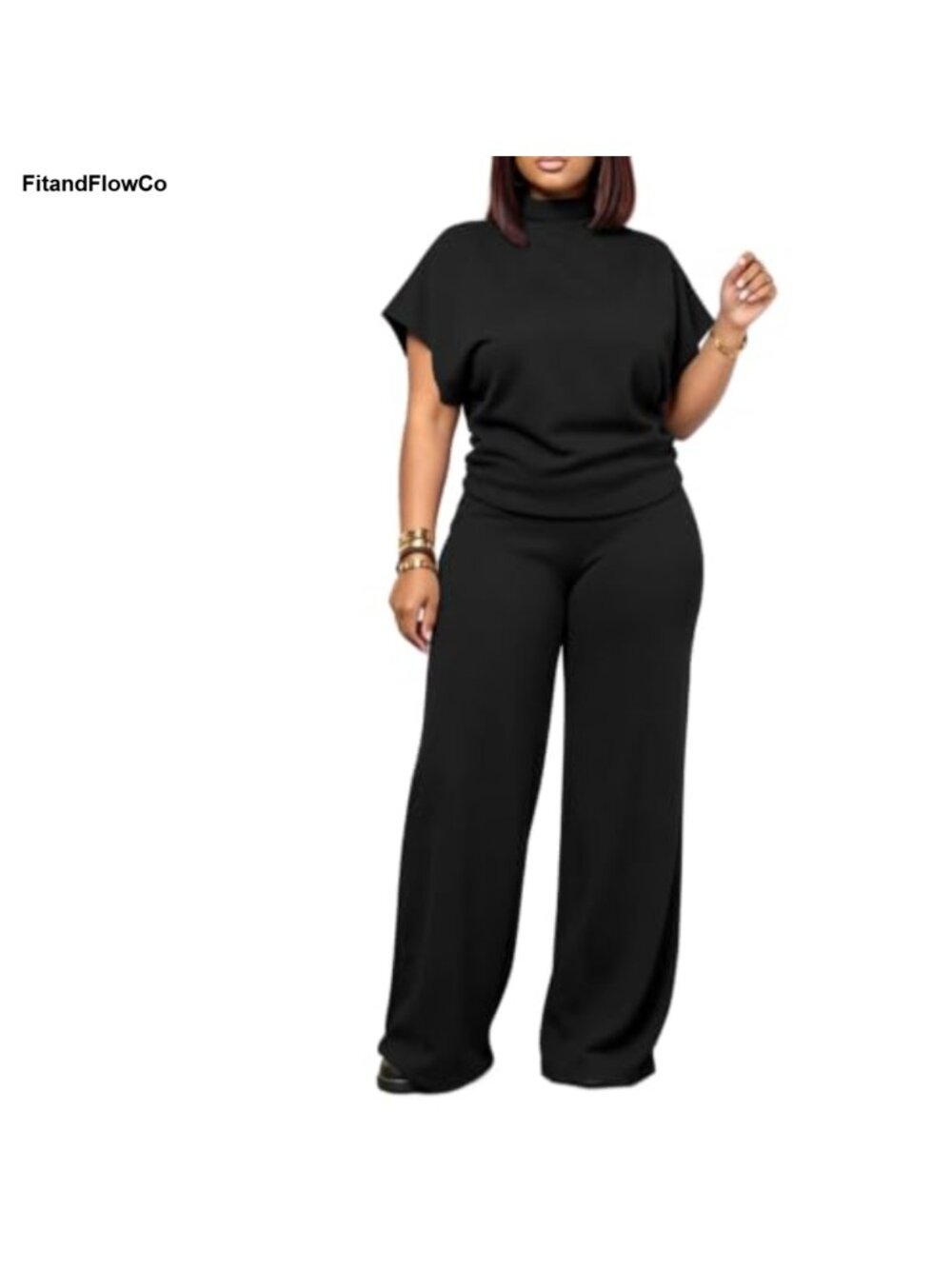 PINSV Fleece Lined 2 Piece Set Mock Neck Batwing Top Wide Leg Pants Lounge